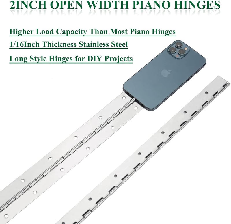 EVANCENT 4Pack Heavy Duty Piano Hinge, 2" Open Width x 16" Continuous & Piano Hinges, 0.06” Thick Stainless Steel Piano Hinge with Holes, Polished Stainless Furniture Hinges for Cabinet Door Cases Woodworking - Image 5